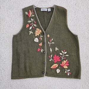 Vintage Cabin Creek Knit Vest Needlepoint Green Leaf Fall Cottage Womens 1x